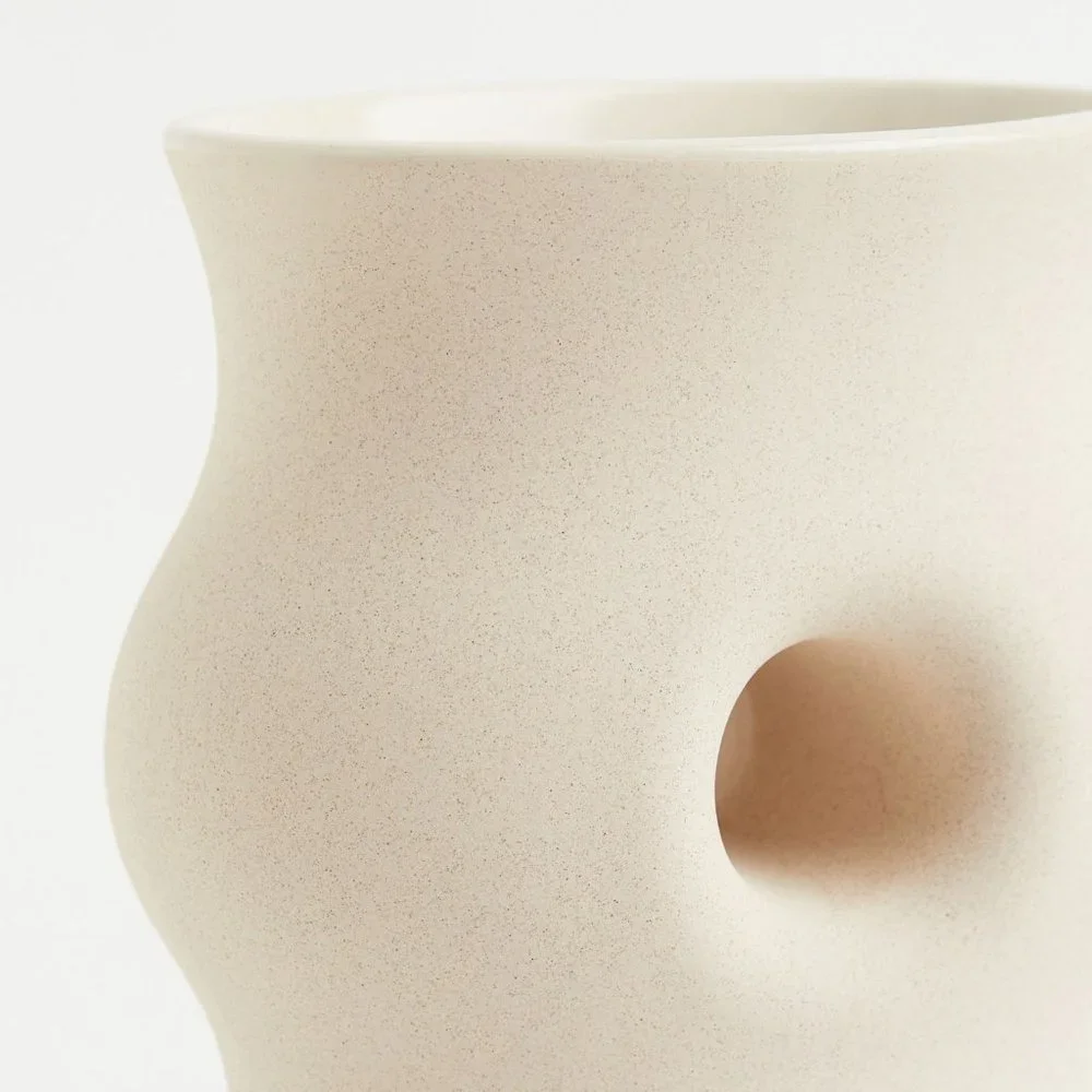 New West Elm Large Cream Stoneware Abstract Ceramic Planter Flower Vase Décor